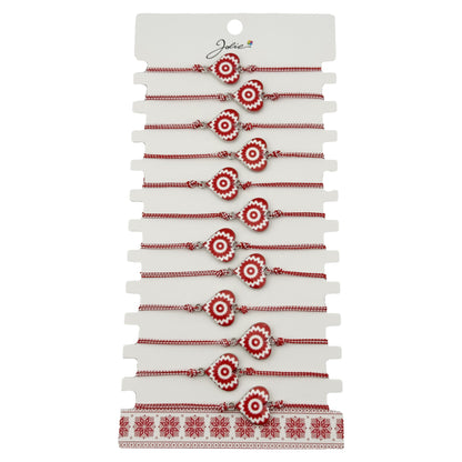 Bratara Martisor pentru Dama, Jolie, Model Inima, Set 12 bucati, Pandativ din Aliaj cu Print Traditional, Snur Ajustabil Impletit, Alb/Rosu