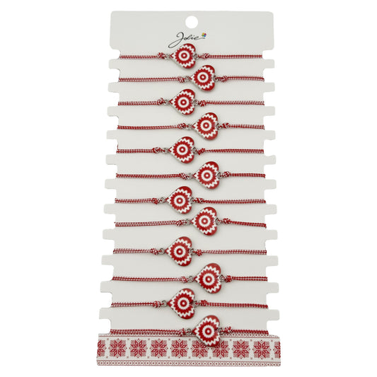 Bratara Martisor pentru Dama, Jolie, Model Inima, Set 12 bucati, Pandativ din Aliaj cu Print Traditional, Snur Ajustabil Impletit, Alb/Rosu