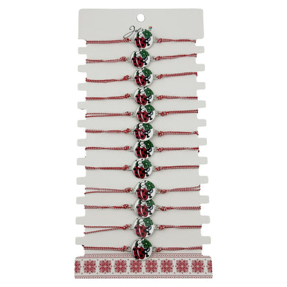 Bratara Martisor pentru Dama, Jolie, Model Buburuza cu Trifoi, Set 12 bucati, Pandativ Alb cu Print Traditional, Snur Ajustabil Impletit, Alb/Rosu