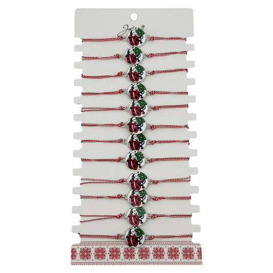 Bratara Martisor pentru Dama, Jolie, Model Buburuza cu Trifoi, Set 12 bucati, Pandativ Alb cu Print Traditional, Snur Ajustabil Impletit, Alb/Rosu