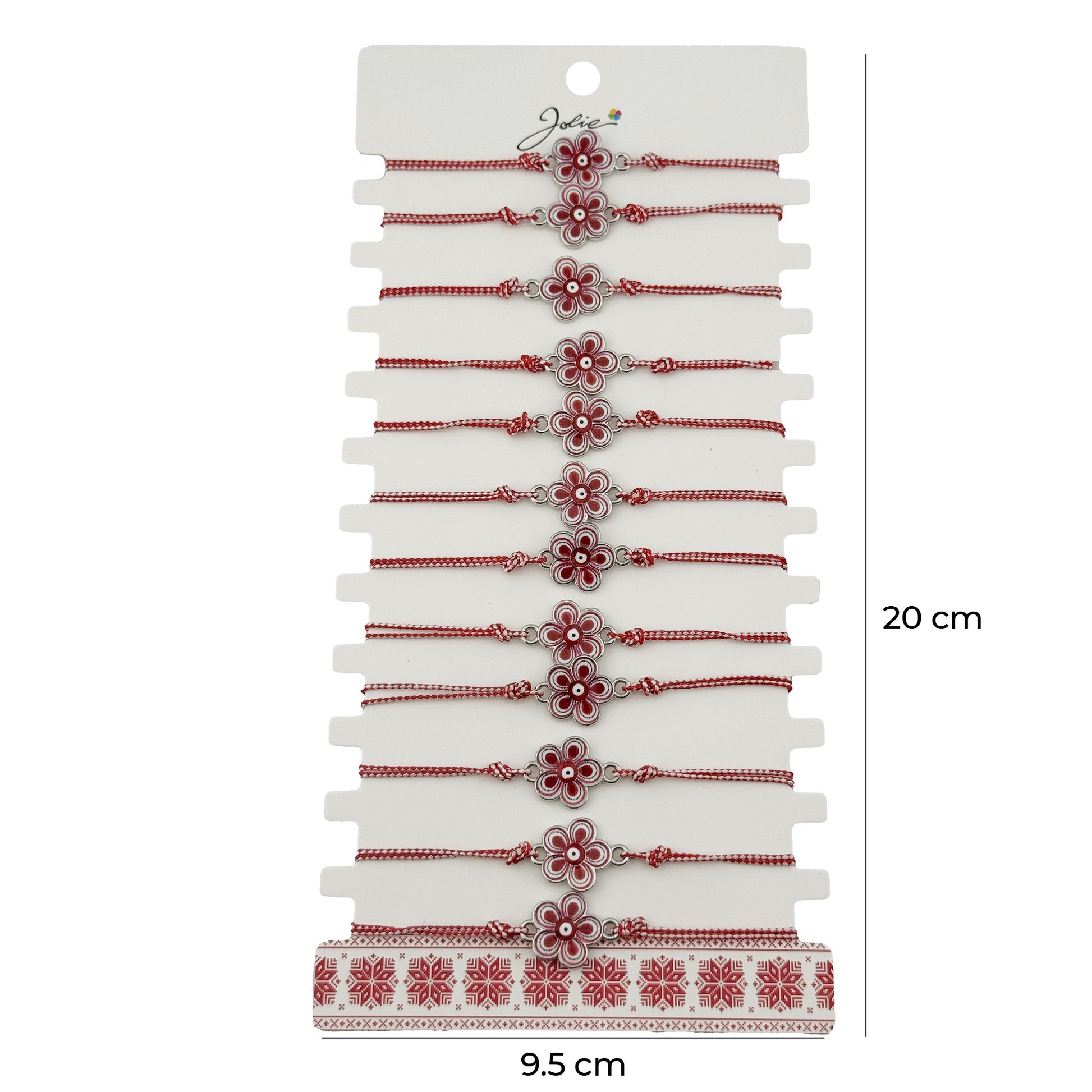 Bratara Martisor pentru Dama, Jolie, Model Floare, Set 12 bucati, Pandativ din Aliaj cu Print Traditional, Snur Ajustabil Impletit, Alb/Rosu