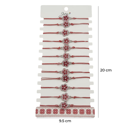 Bratara Martisor pentru Dama, Jolie, Model Floare, Set 12 bucati, Pandativ din Aliaj cu Print Traditional, Snur Ajustabil Impletit, Alb/Rosu