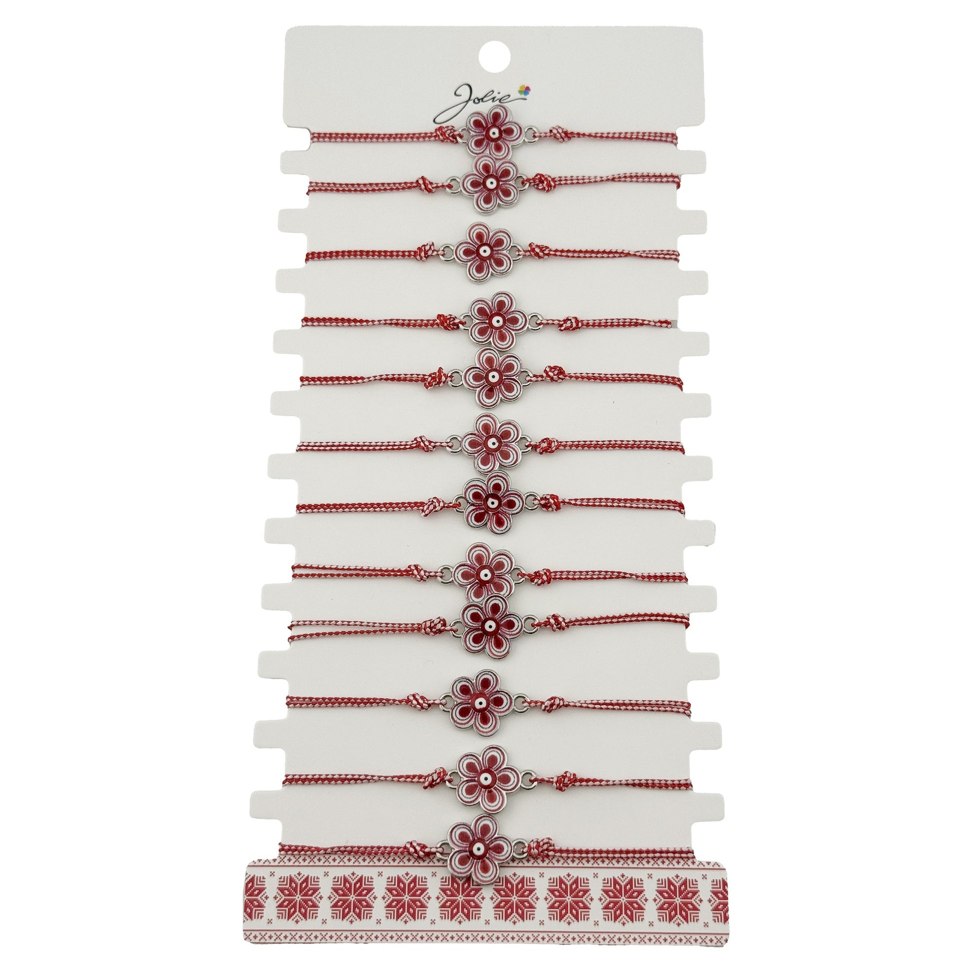 Bratara Martisor pentru Dama, Jolie, Model Floare, Set 12 bucati, Pandativ din Aliaj cu Print Traditional, Snur Ajustabil Impletit, Alb/Rosu