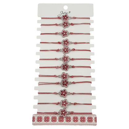 Bratara Martisor pentru Dama, Jolie, Model Floare, Set 12 bucati, Pandativ din Aliaj cu Print Traditional, Snur Ajustabil Impletit, Alb/Rosu