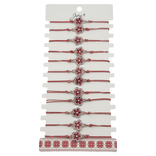 Bratara Martisor pentru Dama, Jolie, Model Floare, Set 12 bucati, Pandativ din Aliaj cu Print Traditional, Snur Ajustabil Impletit, Alb/Rosu