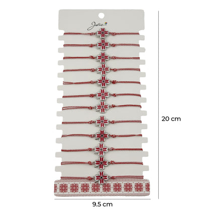 Bratara Martisor pentru Dama, Jolie, Model Trifoi, Set 12 bucati, Pandativ din Aliaj cu Print Traditional, Snur Ajustabil Impletit, Alb/Rosu