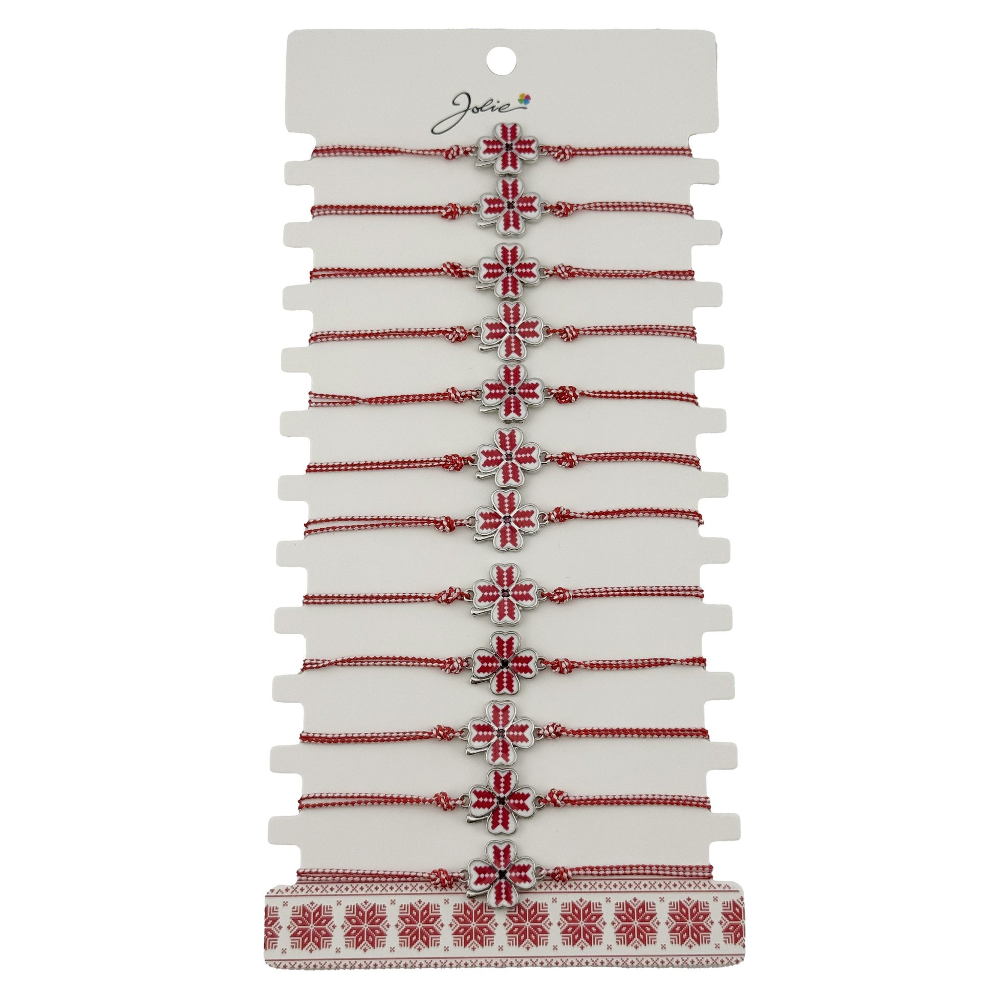 Bratara Martisor pentru Dama, Jolie, Model Trifoi, Set 12 bucati, Pandativ din Aliaj cu Print Traditional, Snur Ajustabil Impletit, Alb/Rosu