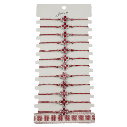 Bratara Martisor pentru Dama, Jolie, Model Trifoi, Set 12 bucati, Pandativ din Aliaj cu Print Traditional, Snur Ajustabil Impletit, Alb/Rosu