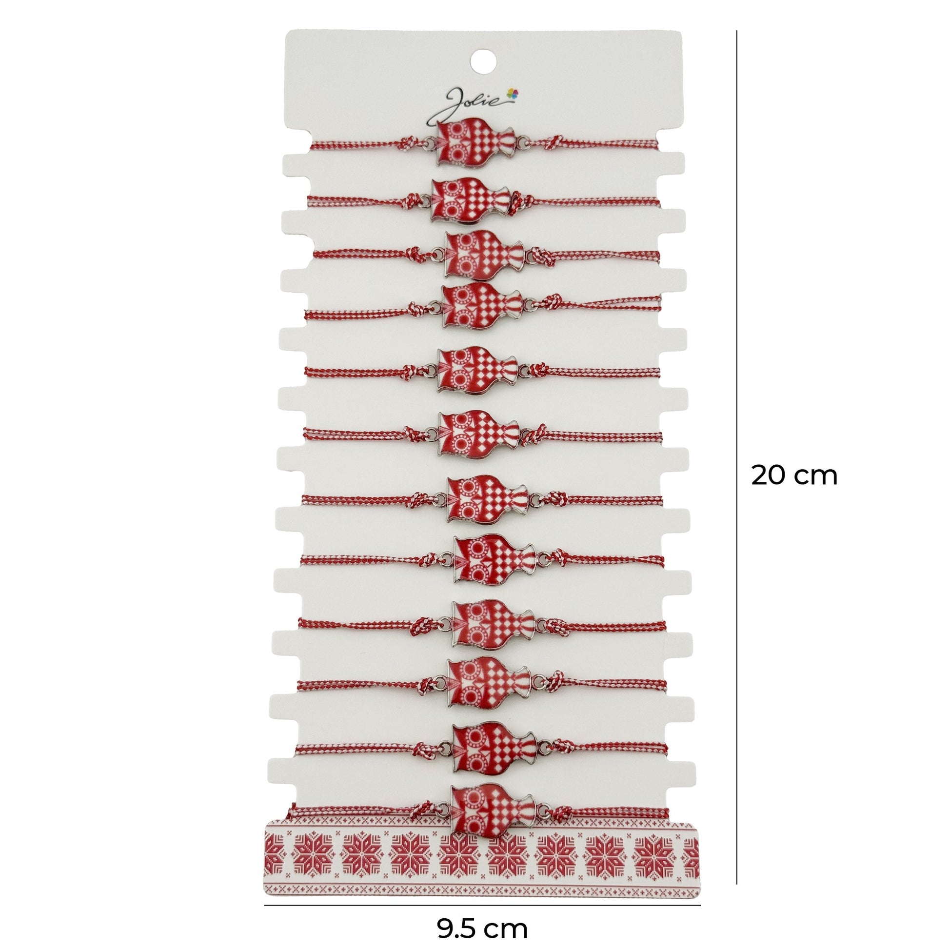 Bratara Martisor pentru Dama, Jolie, Model Bufnita, Set 12 bucati, Pandativ din Aliaj cu Print Traditional, Snur Ajustabil Impletit, Alb/Rosu