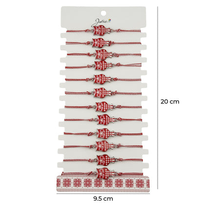 Bratara Martisor pentru Dama, Jolie, Model Bufnita, Set 12 bucati, Pandativ din Aliaj cu Print Traditional, Snur Ajustabil Impletit, Alb/Rosu