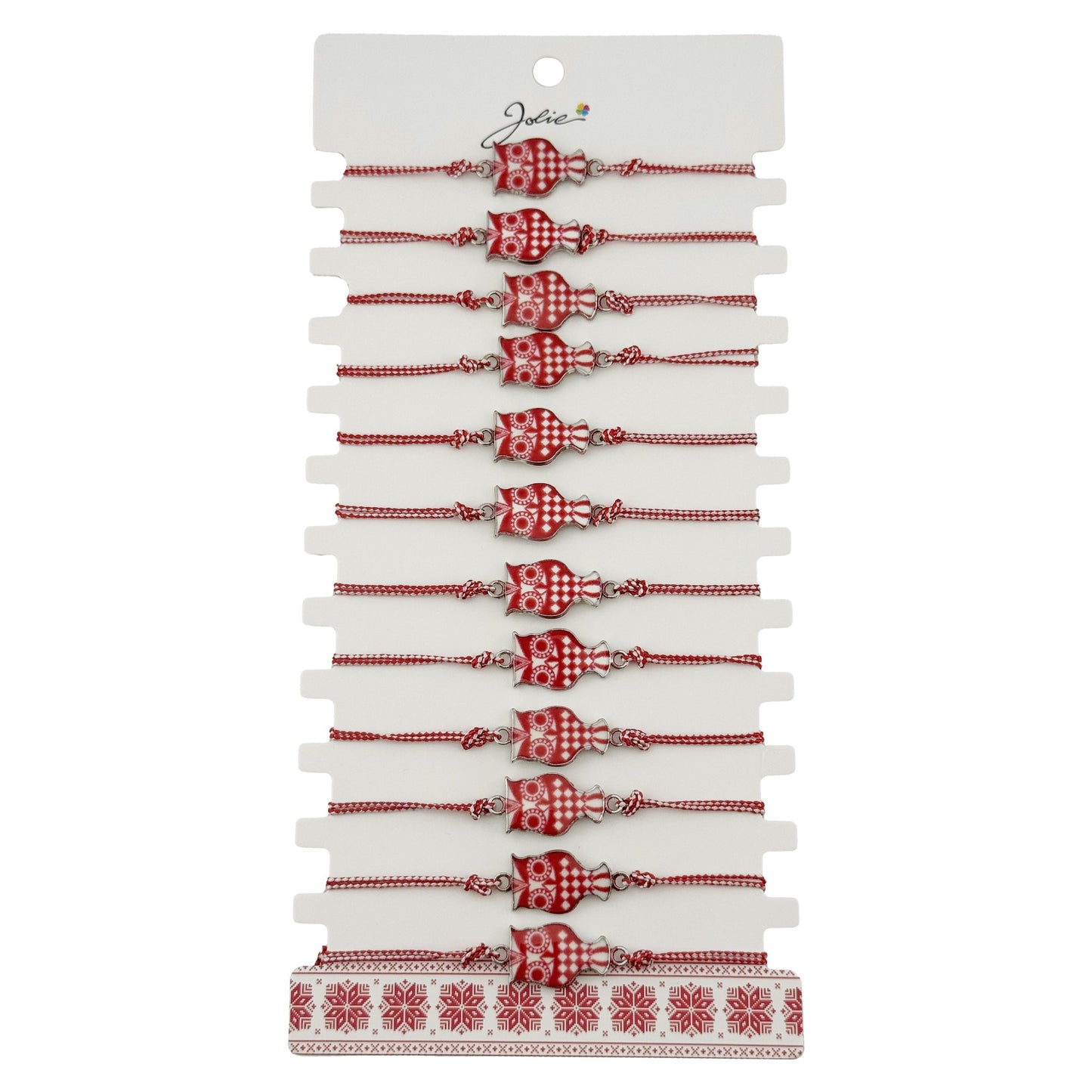 Bratara Martisor pentru Dama, Jolie, Model Bufnita, Set 12 bucati, Pandativ din Aliaj cu Print Traditional, Snur Ajustabil Impletit, Alb/Rosu