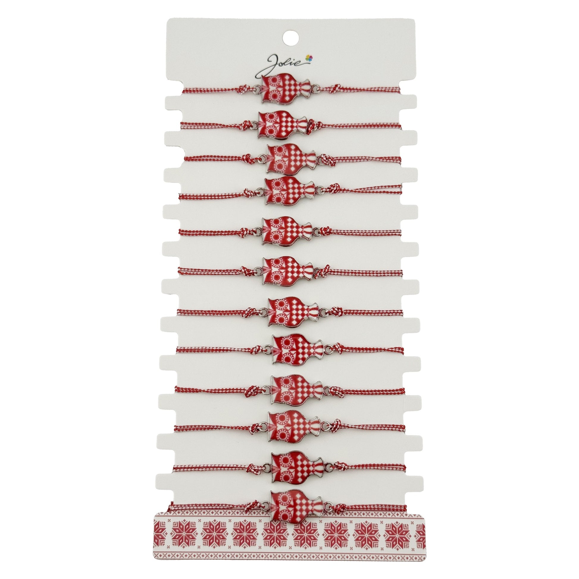 Bratara Martisor pentru Dama, Jolie, Model Bufnita, Set 12 bucati, Pandativ din Aliaj cu Print Traditional, Snur Ajustabil Impletit, Alb/Rosu