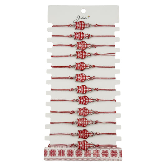 Bratara Martisor pentru Dama, Jolie, Model Bufnita, Set 12 bucati, Pandativ din Aliaj cu Print Traditional, Snur Ajustabil Impletit, Alb/Rosu