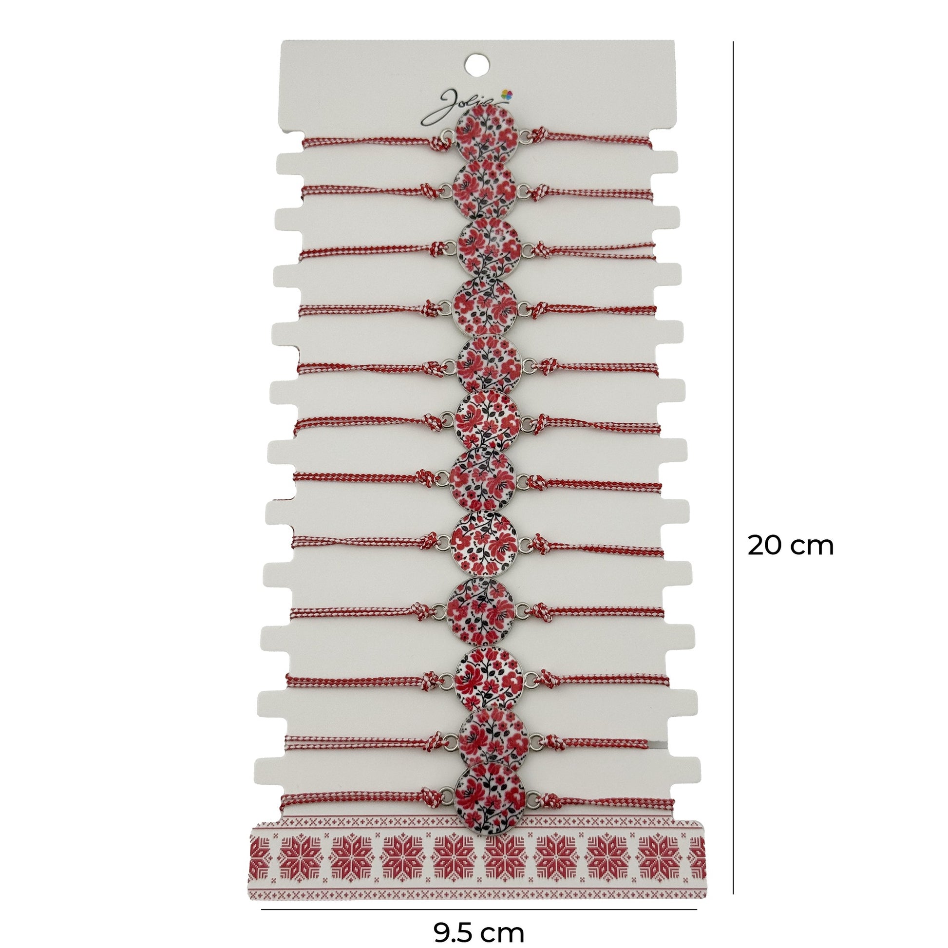 Bratara Martisor pentru Dama, Jolie, Model Rotund cu Flori, Set 12 bucati, Pandativ din Aliaj, cu Print Traditional, Snur Ajustabil Impletit, Alb/Rosu