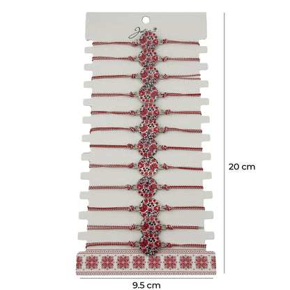 Bratara Martisor pentru Dama, Jolie, Model Rotund cu Flori, Set 12 bucati, Pandativ din Aliaj, cu Print Traditional, Snur Ajustabil Impletit, Alb/Rosu