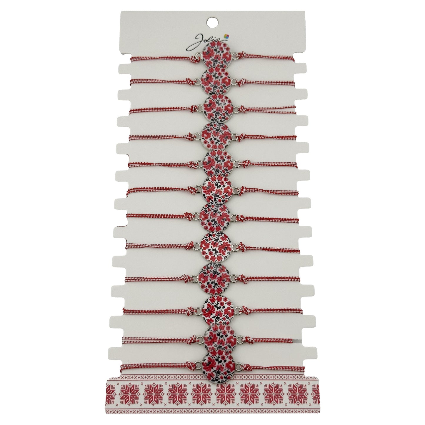 Bratara Martisor pentru Dama, Jolie, Model Rotund cu Flori, Set 12 bucati, Pandativ din Aliaj, cu Print Traditional, Snur Ajustabil Impletit, Alb/Rosu