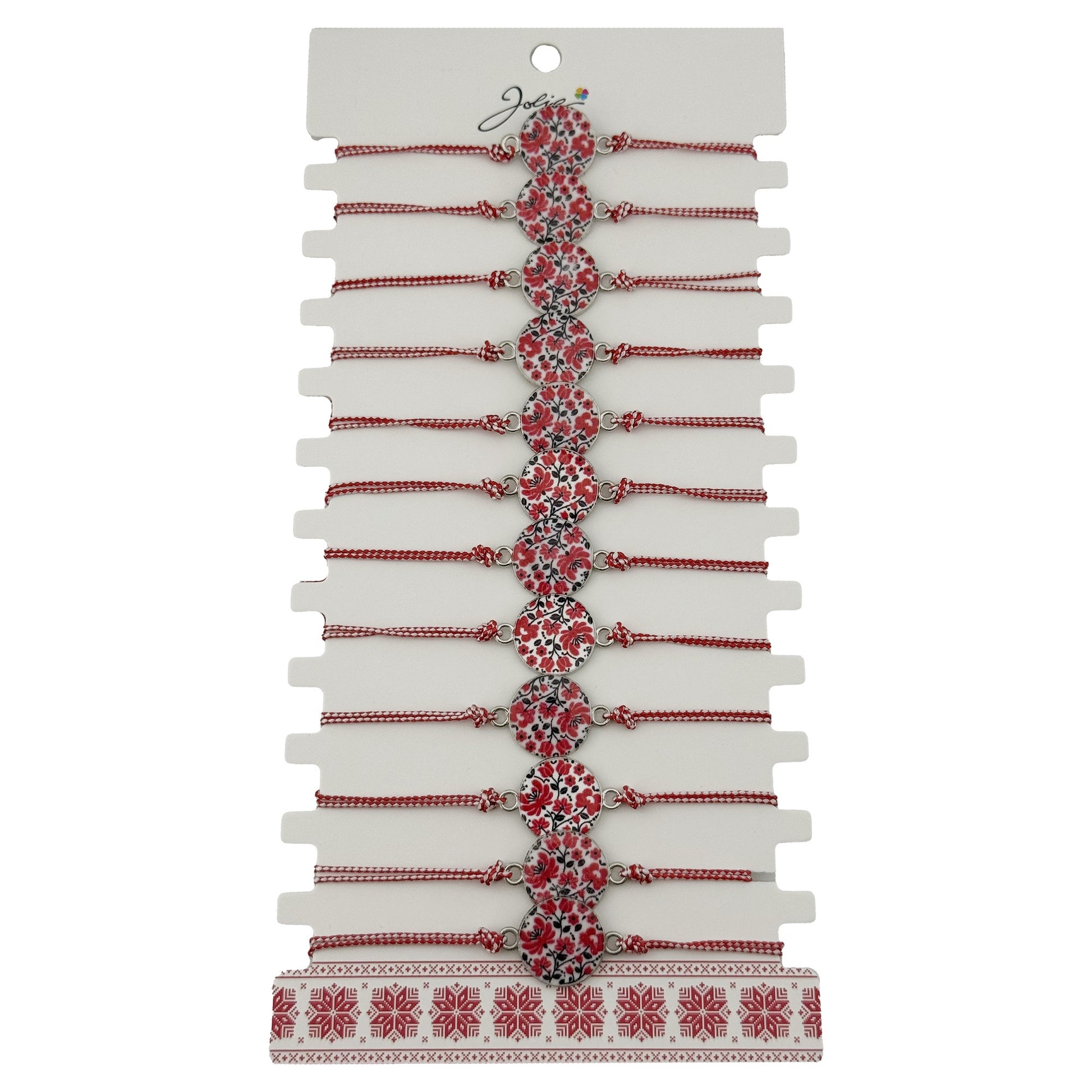 Bratara Martisor pentru Dama, Jolie, Model Rotund cu Flori, Set 12 bucati, Pandativ din Aliaj, cu Print Traditional, Snur Ajustabil Impletit, Alb/Rosu