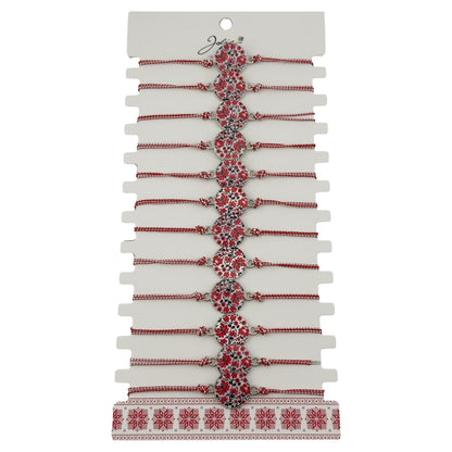 Bratara Martisor pentru Dama, Jolie, Model Rotund cu Flori, Set 12 bucati, Pandativ din Aliaj, cu Print Traditional, Snur Ajustabil Impletit, Alb/Rosu