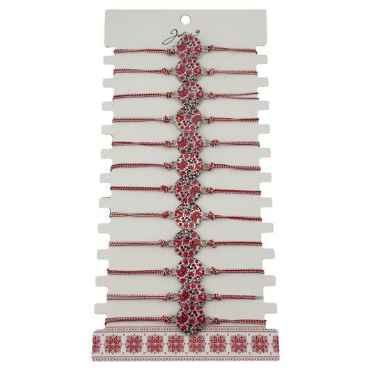 Bratara Martisor pentru Dama, Jolie, Model Rotund cu Flori, Set 12 bucati, Pandativ din Aliaj, cu Print Traditional, Snur Ajustabil Impletit, Alb/Rosu