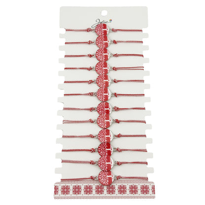 Bratara Martisor pentru Dama, Jolie, Model Rotund cu Copac, Set 12 bucati, Pandativ din Aliaj cu Print Traditional, Snur Ajustabil Impletit, Alb/Rosu