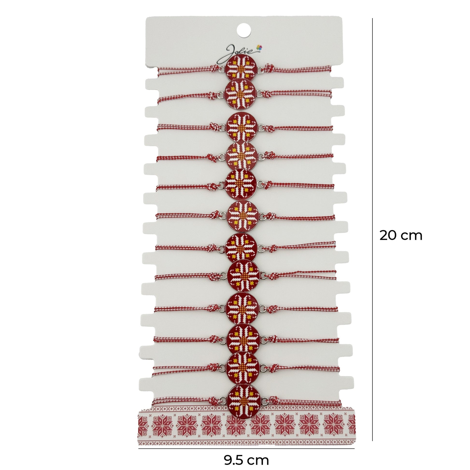 Bratara Martisor pentru Dama, Jolie, Model Rotund Port Traditional, Set 12 bucati, Pandativ din Aliaj cu Print Traditional, Snur Ajustabil Impletit, Alb/Rosu