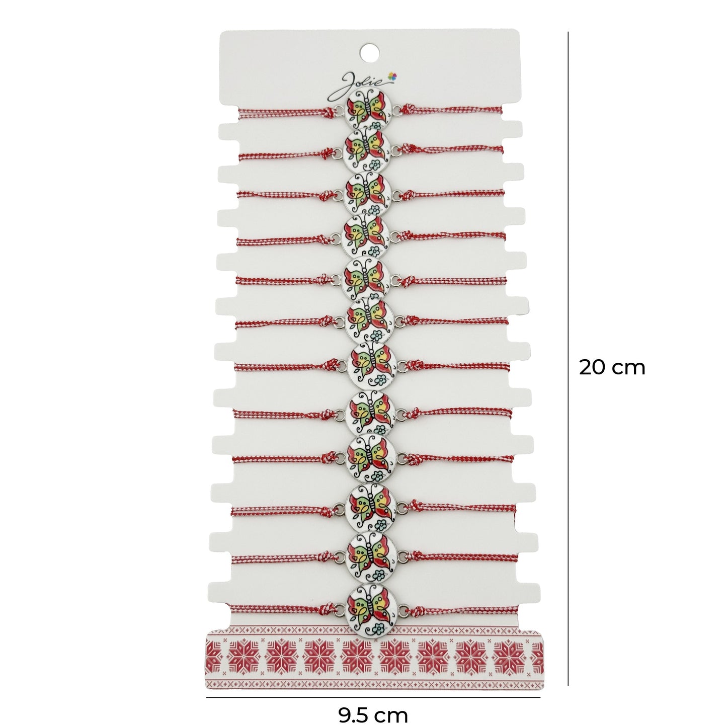 Bratara Martisor pentru Dama, Jolie, Model Fluture, Set 12 bucati, Pandativ din Aliaj cu Print Traditional, Snur Ajustabil Impletit, Alb/Rosu