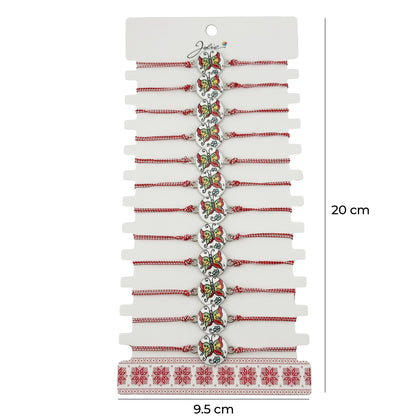 Bratara Martisor pentru Dama, Jolie, Model Fluture, Set 12 bucati, Pandativ din Aliaj cu Print Traditional, Snur Ajustabil Impletit, Alb/Rosu