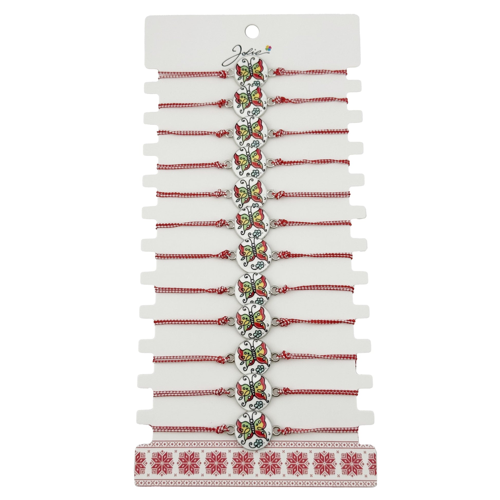 Bratara Martisor pentru Dama, Jolie, Model Fluture, Set 12 bucati, Pandativ din Aliaj cu Print Traditional, Snur Ajustabil Impletit, Alb/Rosu