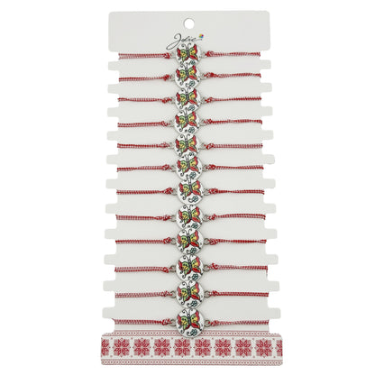 Bratara Martisor pentru Dama, Jolie, Model Fluture, Set 12 bucati, Pandativ din Aliaj cu Print Traditional, Snur Ajustabil Impletit, Alb/Rosu