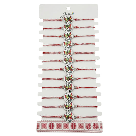 Bratara Martisor pentru Dama, Jolie, Model Fluture, Set 12 bucati, Pandativ din Aliaj cu Print Traditional, Snur Ajustabil Impletit, Alb/Rosu