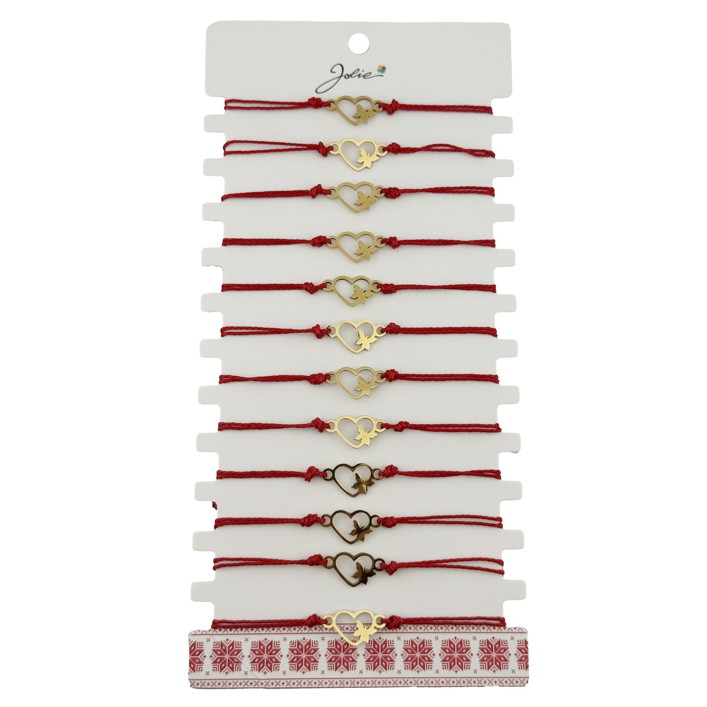 Bratara Martisor pentru Dama, Jolie, Model Inima cu Fluture, Set 12 bucati, Pandativ Auriu din Inox cu Snur Rosu Ajustabil