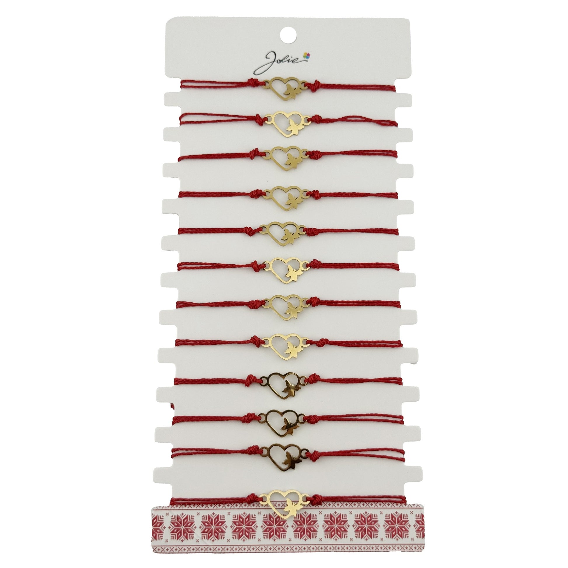 Bratara Martisor pentru Dama, Jolie, Model Inima cu Fluture, Set 12 bucati, Pandativ Auriu din Inox cu Snur Rosu Ajustabil