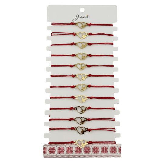 Bratara Martisor pentru Dama, Jolie, Model Inima cu Fluture, Set 12 bucati, Pandativ Auriu din Inox cu Snur Rosu Ajustabil