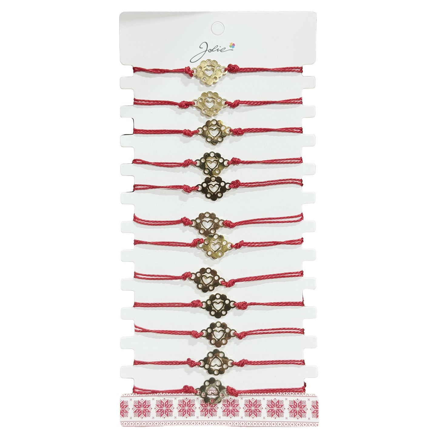 Bratara Martisor pentru Dama, Jolie, Model Inima in Floare, Set 12 bucati, Pandativ Auriu din Inox cu Snur Rosu Ajustabil