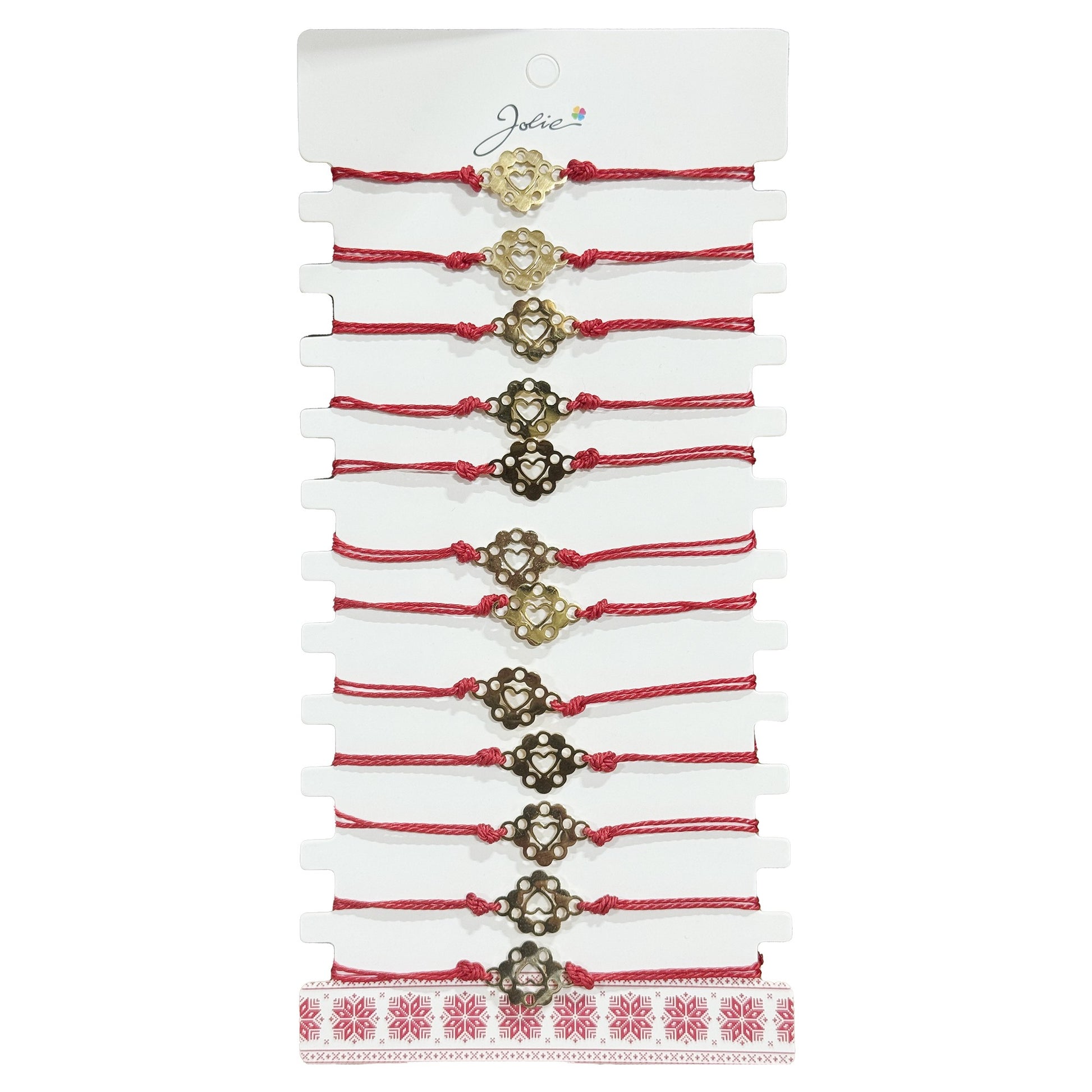 Bratara Martisor pentru Dama, Jolie, Model Inima in Floare, Set 12 bucati, Pandativ Auriu din Inox cu Snur Rosu Ajustabil