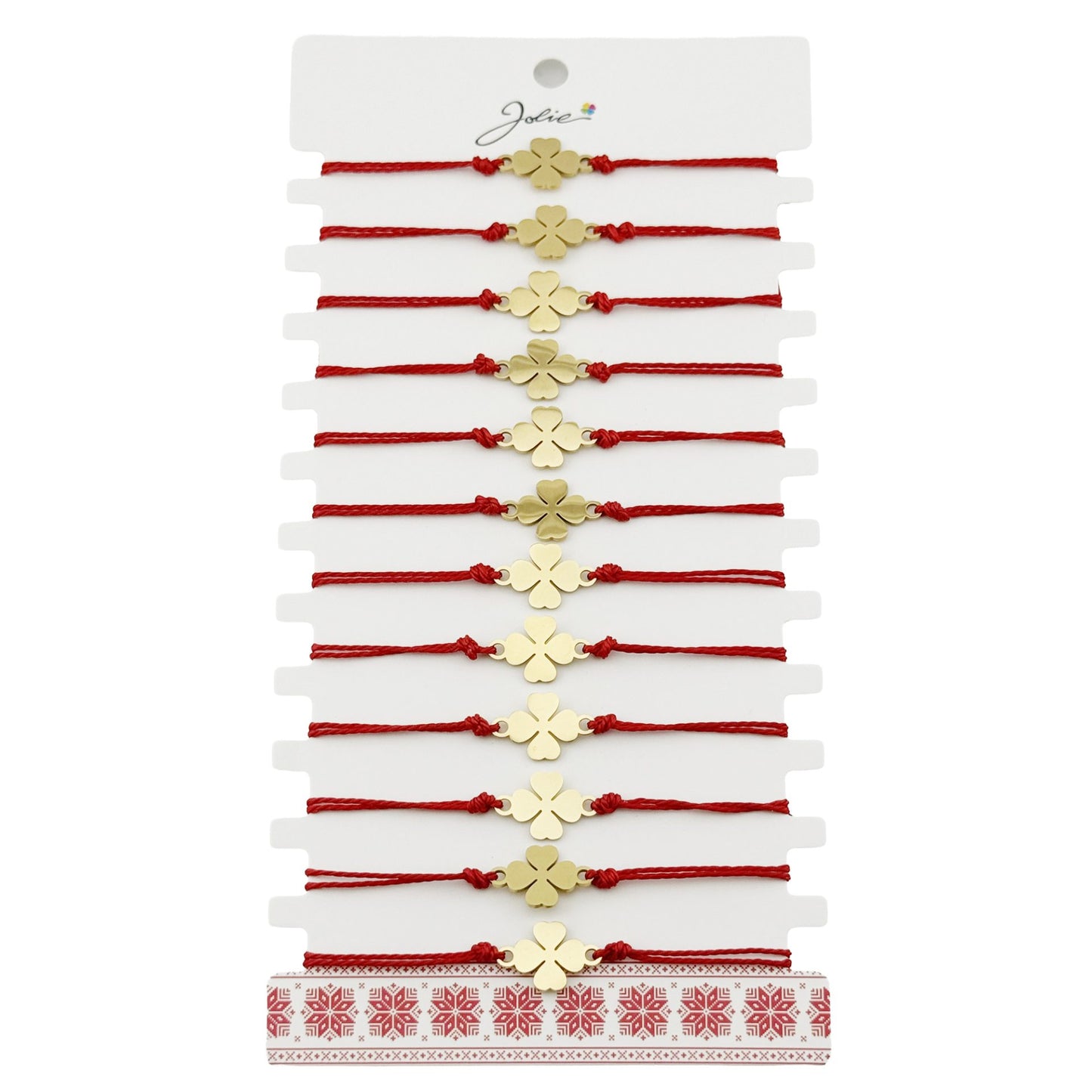 Bratara Martisor pentru Dama, Jolie, Model Trifoi, Set 12 bucati, Pandativ din Inox Auriu, Snur Ajustabil Impletit, Rosu