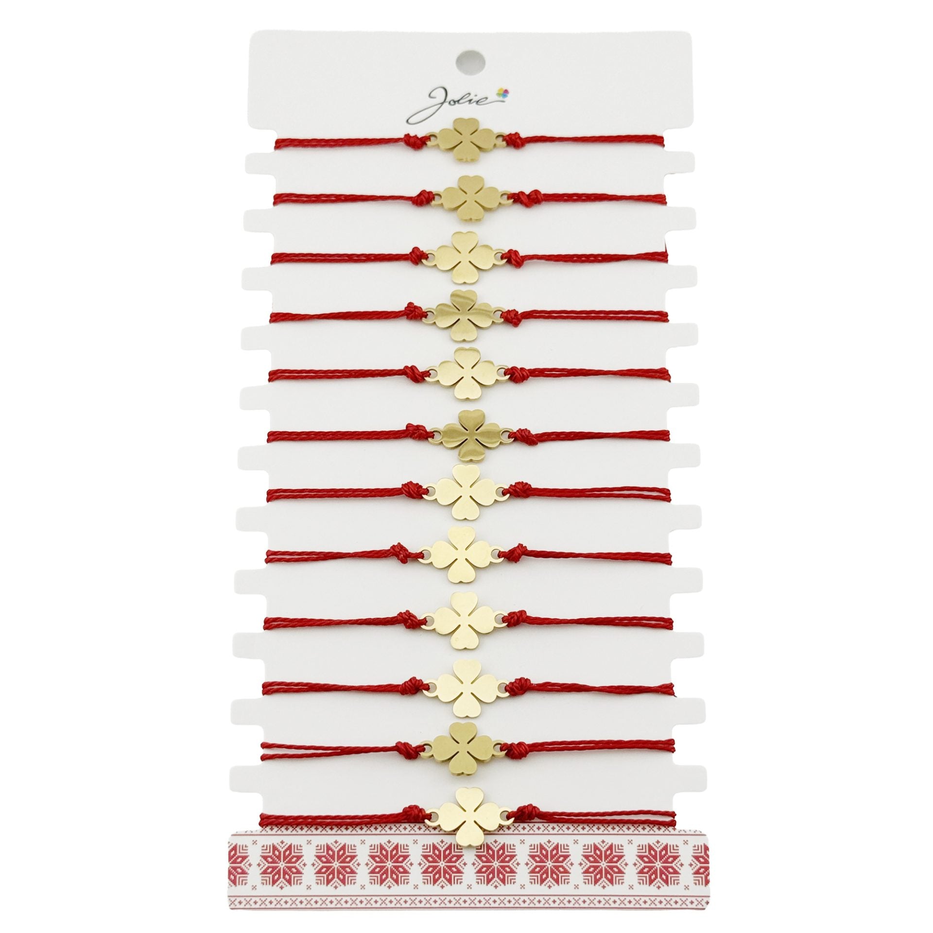 Bratara Martisor pentru Dama, Jolie, Model Trifoi, Set 12 bucati, Pandativ din Inox Auriu, Snur Ajustabil Impletit, Rosu