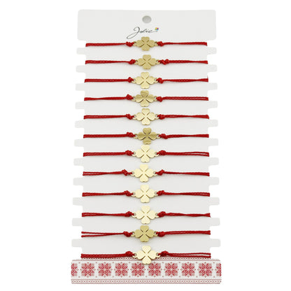 Bratara Martisor pentru Dama, Jolie, Model Trifoi, Set 12 bucati, Pandativ din Inox Auriu, Snur Ajustabil Impletit, Rosu