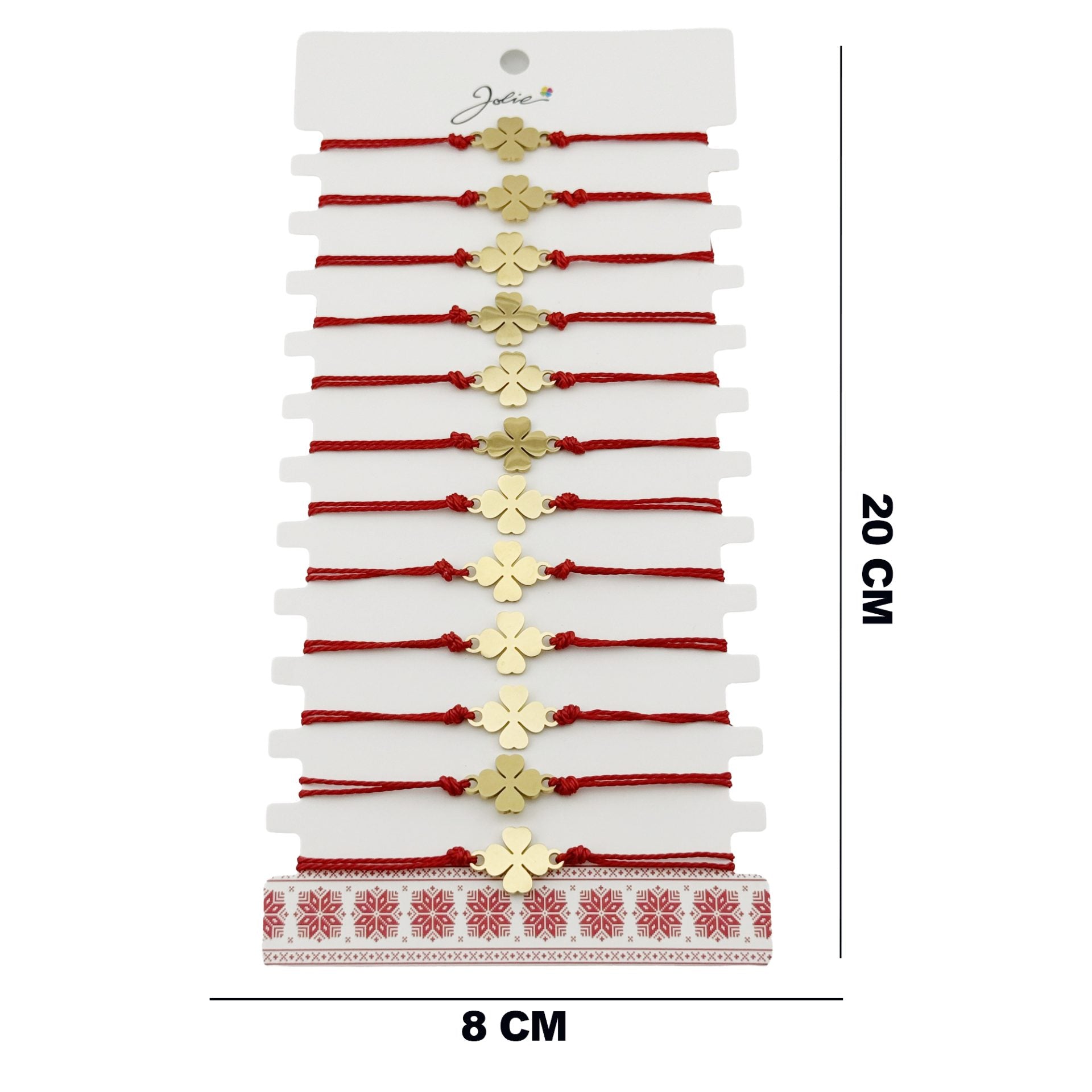 Bratara Martisor pentru Dama, Jolie, Model Trifoi, Set 12 bucati, Pandativ din Inox Auriu, Snur Ajustabil Impletit, Rosu
