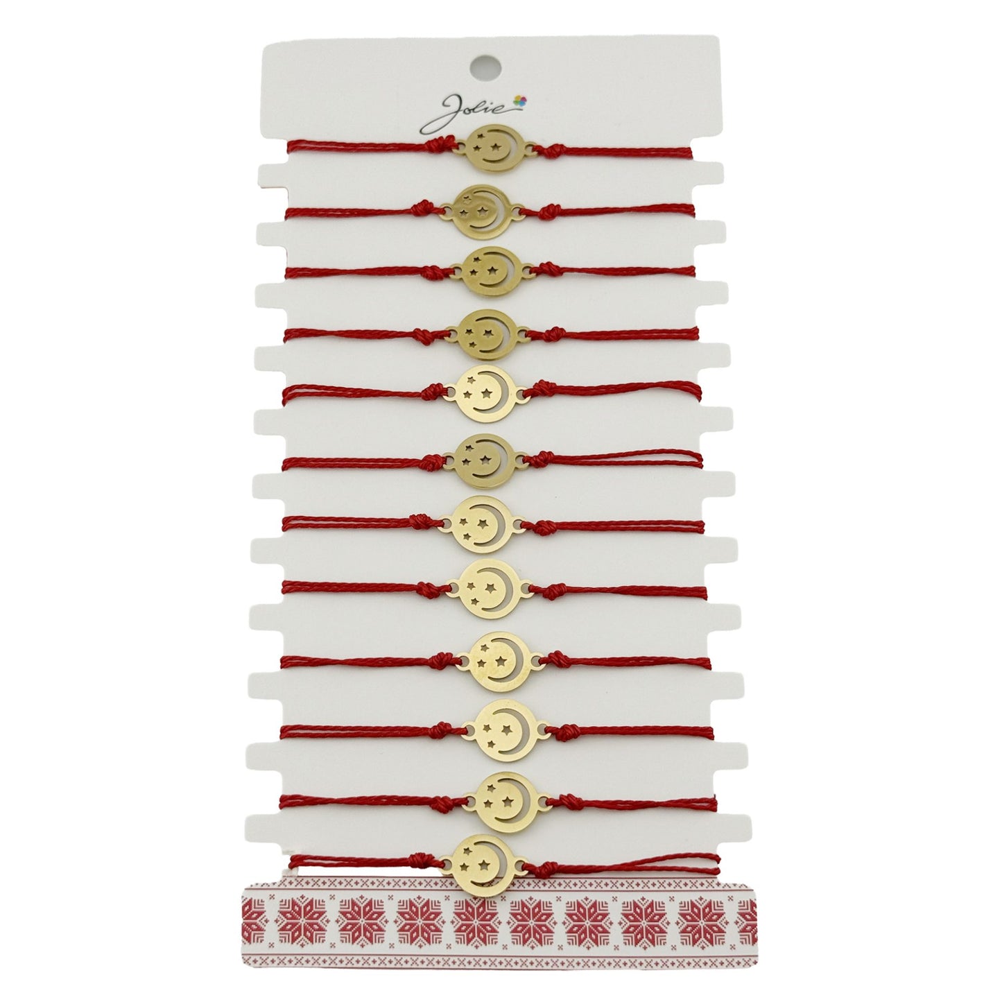 Bratara Martisor pentru Dama, Jolie, Model Luna cu Stele, Set 12 bucati, Pandativ din Inox Auriu, Snur Ajustabil Impletit, Rosu