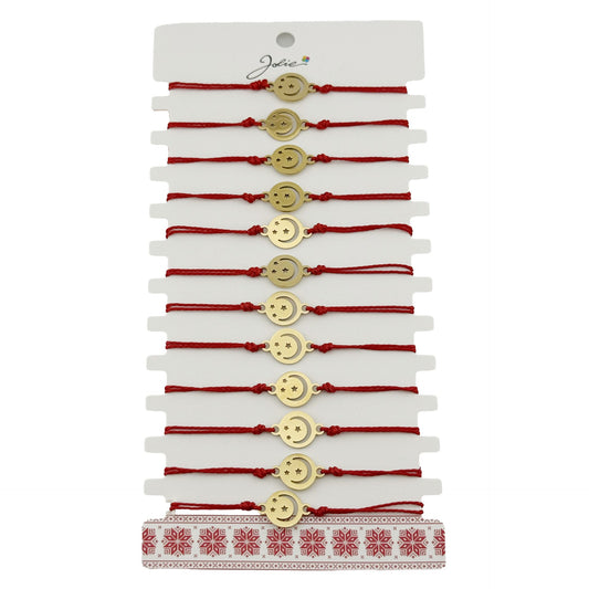 Bratara Martisor pentru Dama, Jolie, Model Luna cu Stele, Set 12 bucati, Pandativ din Inox Auriu, Snur Ajustabil Impletit, Rosu