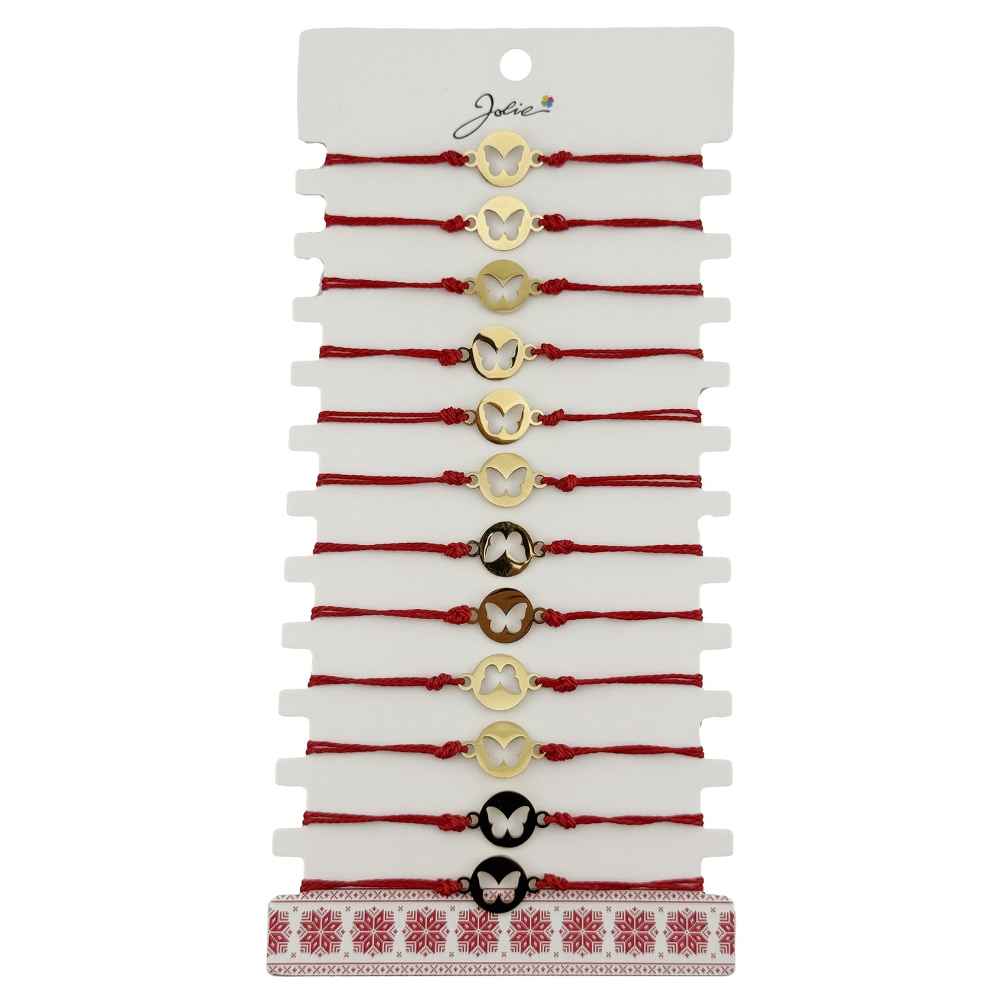 Bratara Martisor pentru Dama, Jolie, Model Fluture in Moneda, Set 12 bucati, Pandativ Auriu din Inox cu Snur Rosu Ajustabil