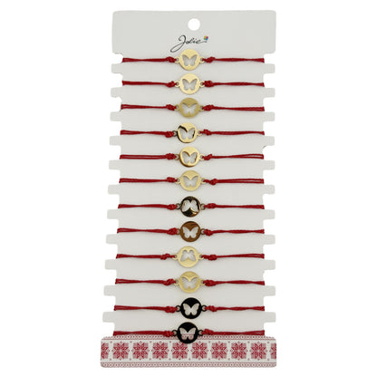Bratara Martisor pentru Dama, Jolie, Model Fluture in Moneda, Set 12 bucati, Pandativ Auriu din Inox cu Snur Rosu Ajustabil