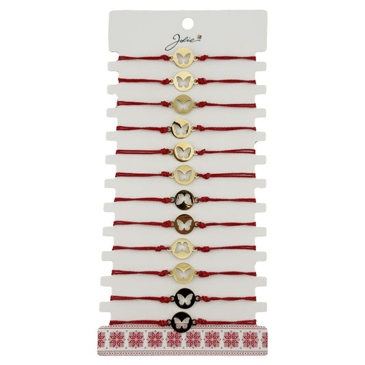 Bratara Martisor pentru Dama, Jolie, Model Fluture in Moneda, Set 12 bucati, Pandativ Auriu din Inox cu Snur Rosu Ajustabil