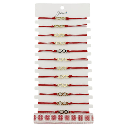 Bratara Martisor pentru Dama, Jolie, Model Infinit, Set 12 bucati, Pandativ din Inox Auriu, Snur Ajustabil Impletit, Rosu