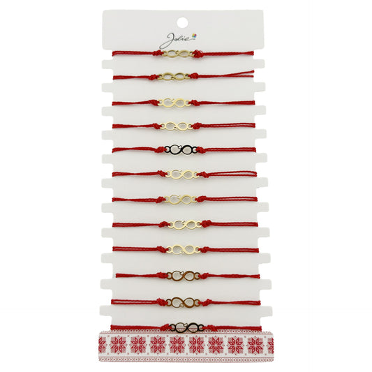 Bratara Martisor pentru Dama, Jolie, Model Infinit, Set 12 bucati, Pandativ din Inox Auriu, Snur Ajustabil Impletit, Rosu