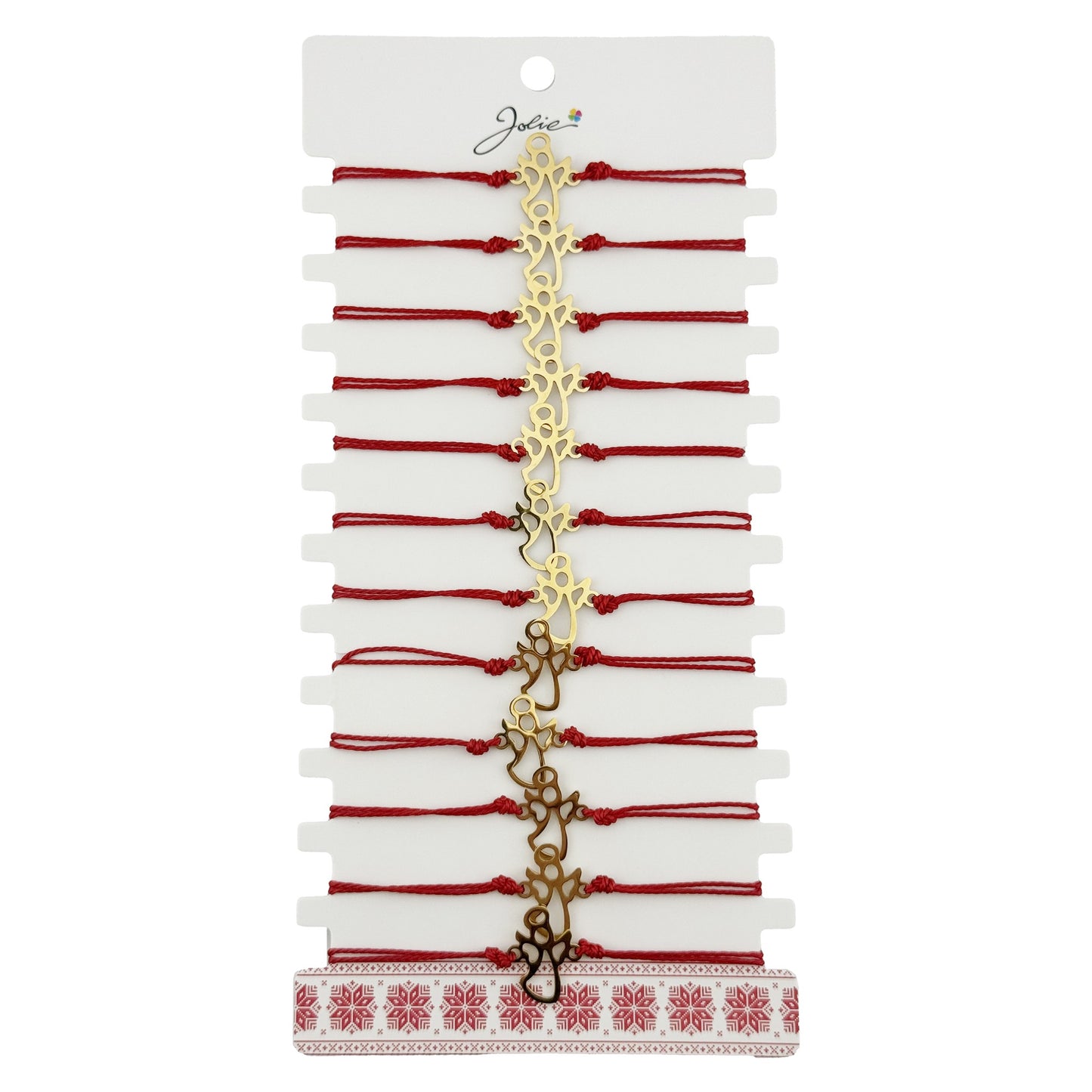 Bratara Martisor pentru Dama, Jolie, Model Ingeras, Set 12 bucati, Pandativ Auriu din Inox cu Snur Rosu Ajustabil