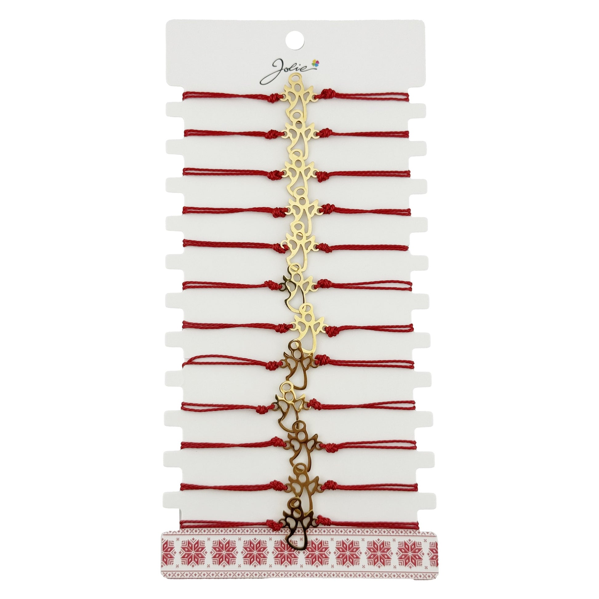 Bratara Martisor pentru Dama, Jolie, Model Ingeras, Set 12 bucati, Pandativ Auriu din Inox cu Snur Rosu Ajustabil