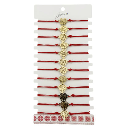 Bratara Martisor pentru Dama, Jolie, Model Copac in Inima, Set 12 bucati, Pandativ din Inox Auriu, Snur Ajustabil Impletit, Rosu