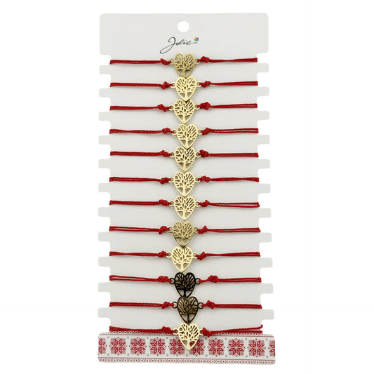 Bratara Martisor pentru Dama, Jolie, Model Copac in Inima, Set 12 bucati, Pandativ din Inox Auriu, Snur Ajustabil Impletit, Rosu